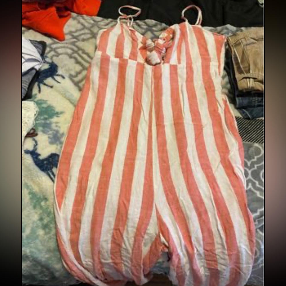 forever 21 pink and white striped jumpsuit. size large.